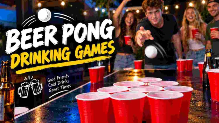 Beer pong drinking game setup with red cups and a ping pong ball