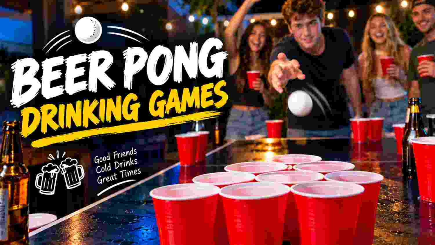 Beer pong drinking game setup with red cups and a ping pong ball