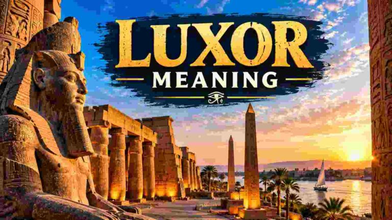 Luxor Temple in Egypt at sunset showing towering sandstone columns, hieroglyph-covered pylons, and the Nile River reflecting golden light