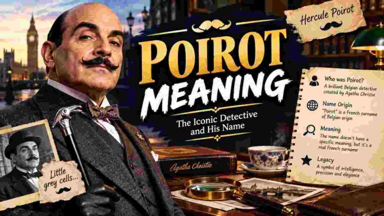 Poirot meaning explained: little pear detective in a 1930s study with magnifying glass and pear.