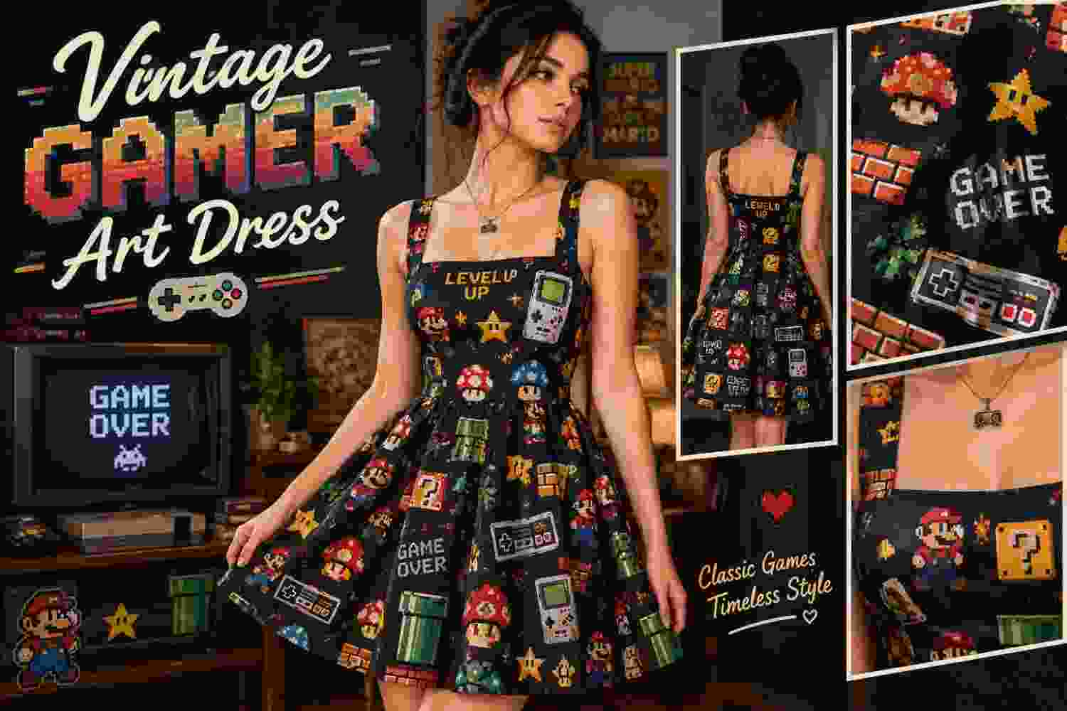 Gamer Art Dress featuring a retro gaming inspired pixel art design