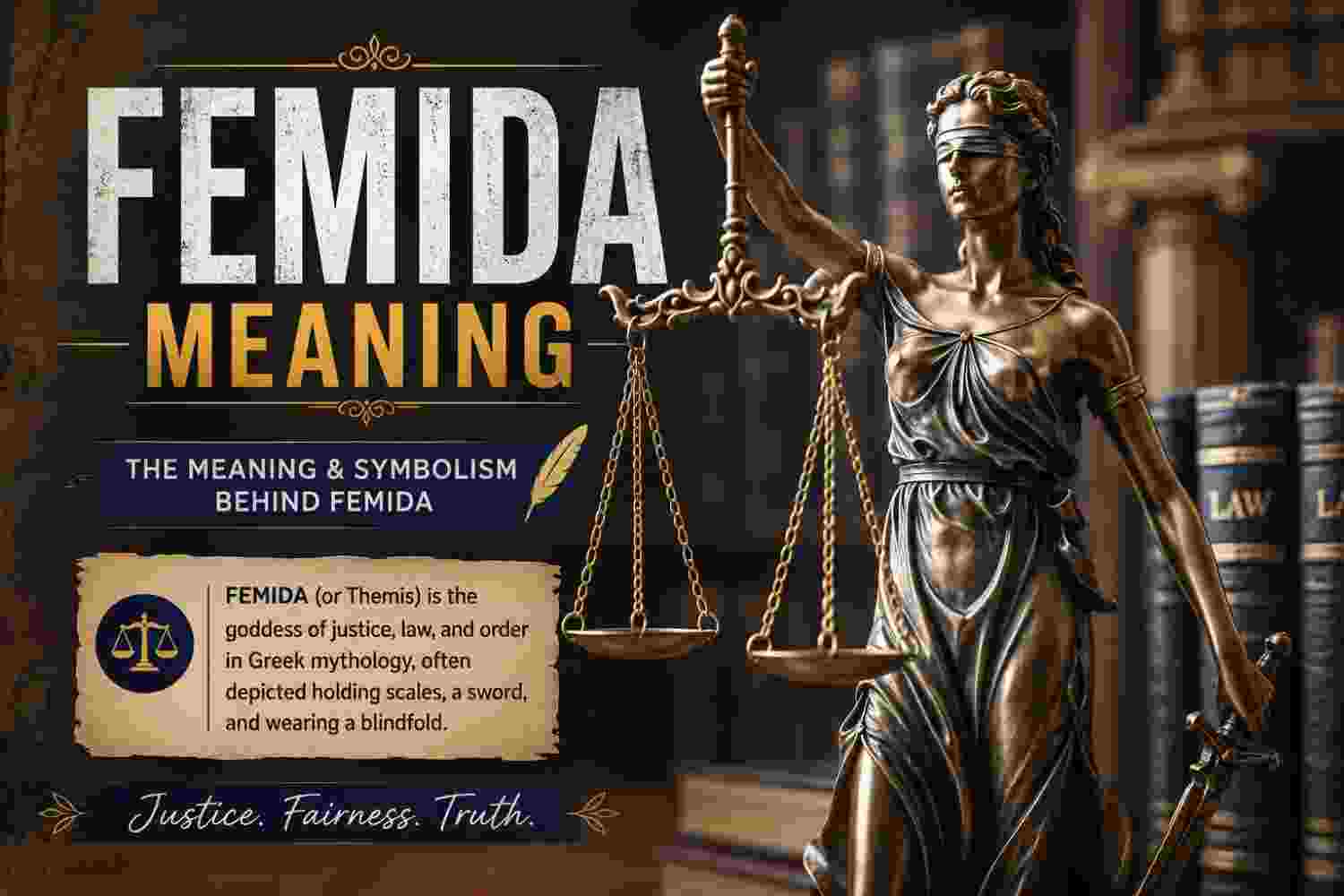 Femida meaning represented by a blindfolded justice statue holding scales, symbolizing wisdom and fairness