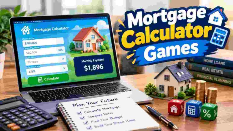 Mortgage calculator games featuring a home loan calculator, house model, coins, and financial planning tools