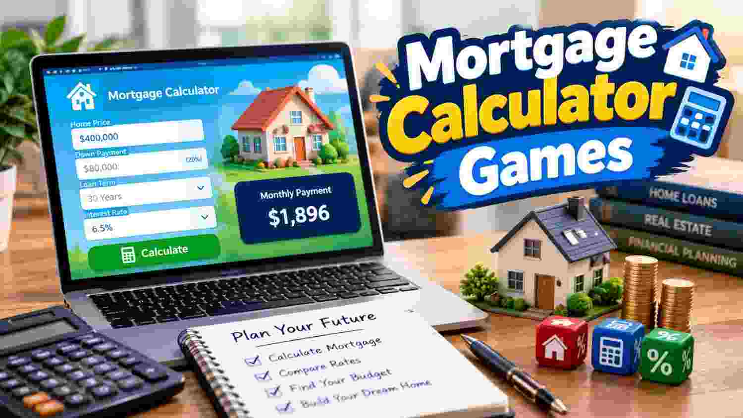 Mortgage calculator games featuring a home loan calculator, house model, coins, and financial planning tools