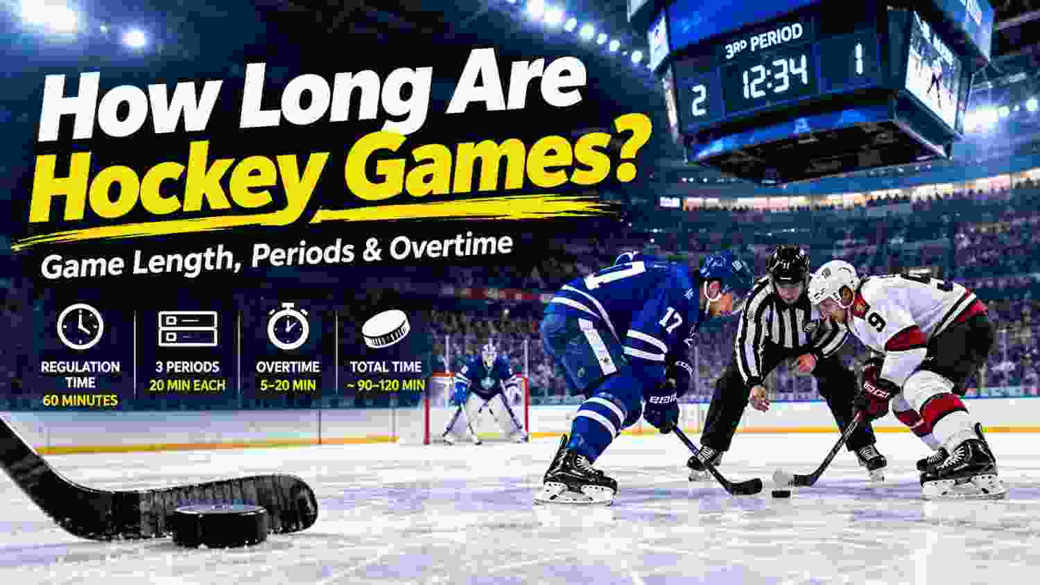 How long are hockey games showing regulation time, periods, overtime, and total game duration