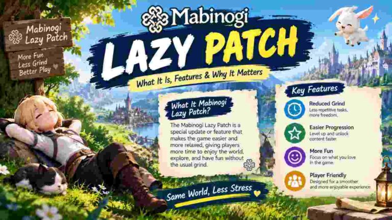 Mabinogi Lazy Patch featuring a fantasy game world, relaxed player character, and update highlights