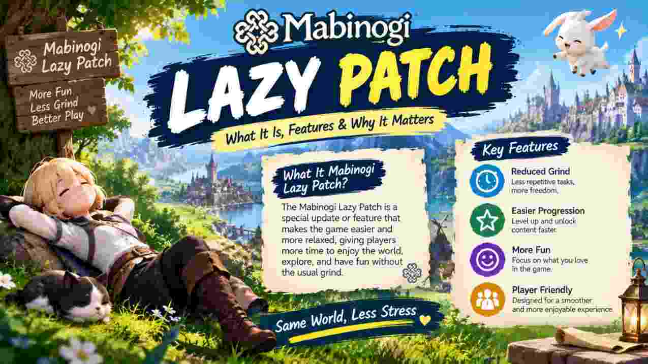 Mabinogi Lazy Patch featuring a fantasy game world, relaxed player character, and update highlights