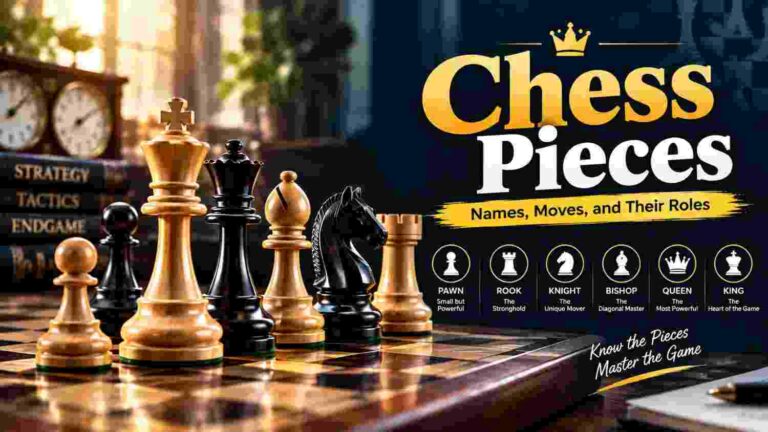 Chess pieces including king, queen, rook, bishop, knight, and pawn on a chessboard
