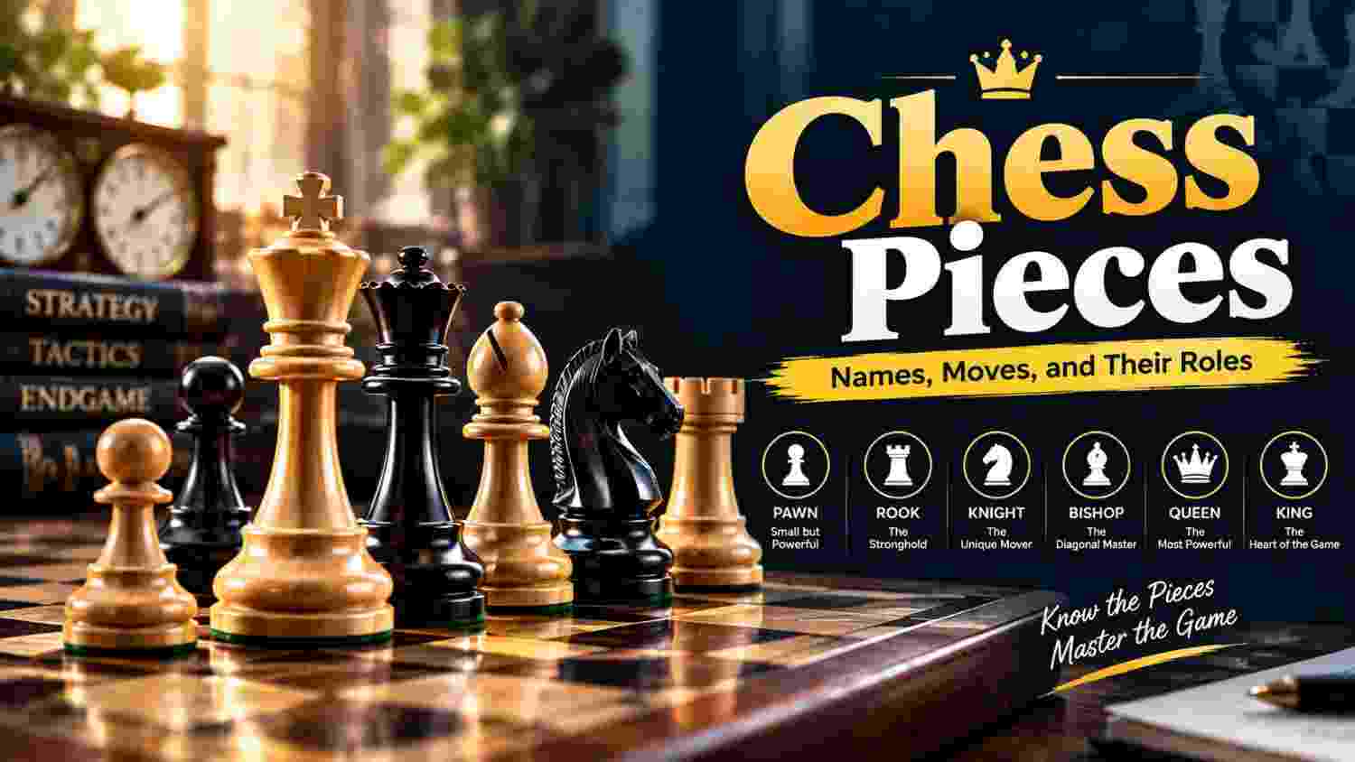 Chess pieces including king, queen, rook, bishop, knight, and pawn on a chessboard