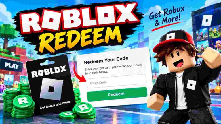 Roblox Redeem page with gift card, Robux, and code entry
