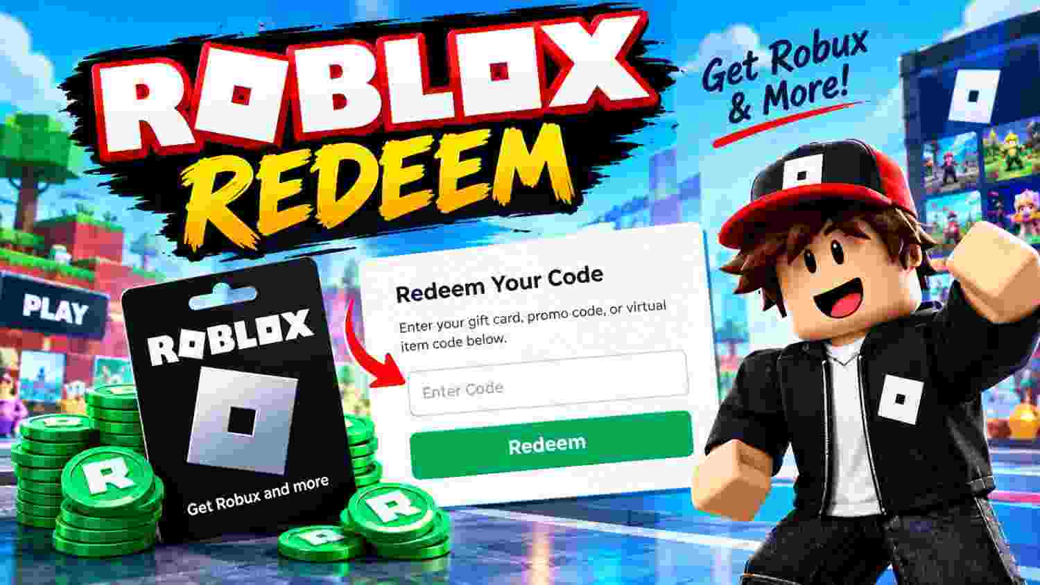 Roblox Redeem page with gift card, Robux, and code entry