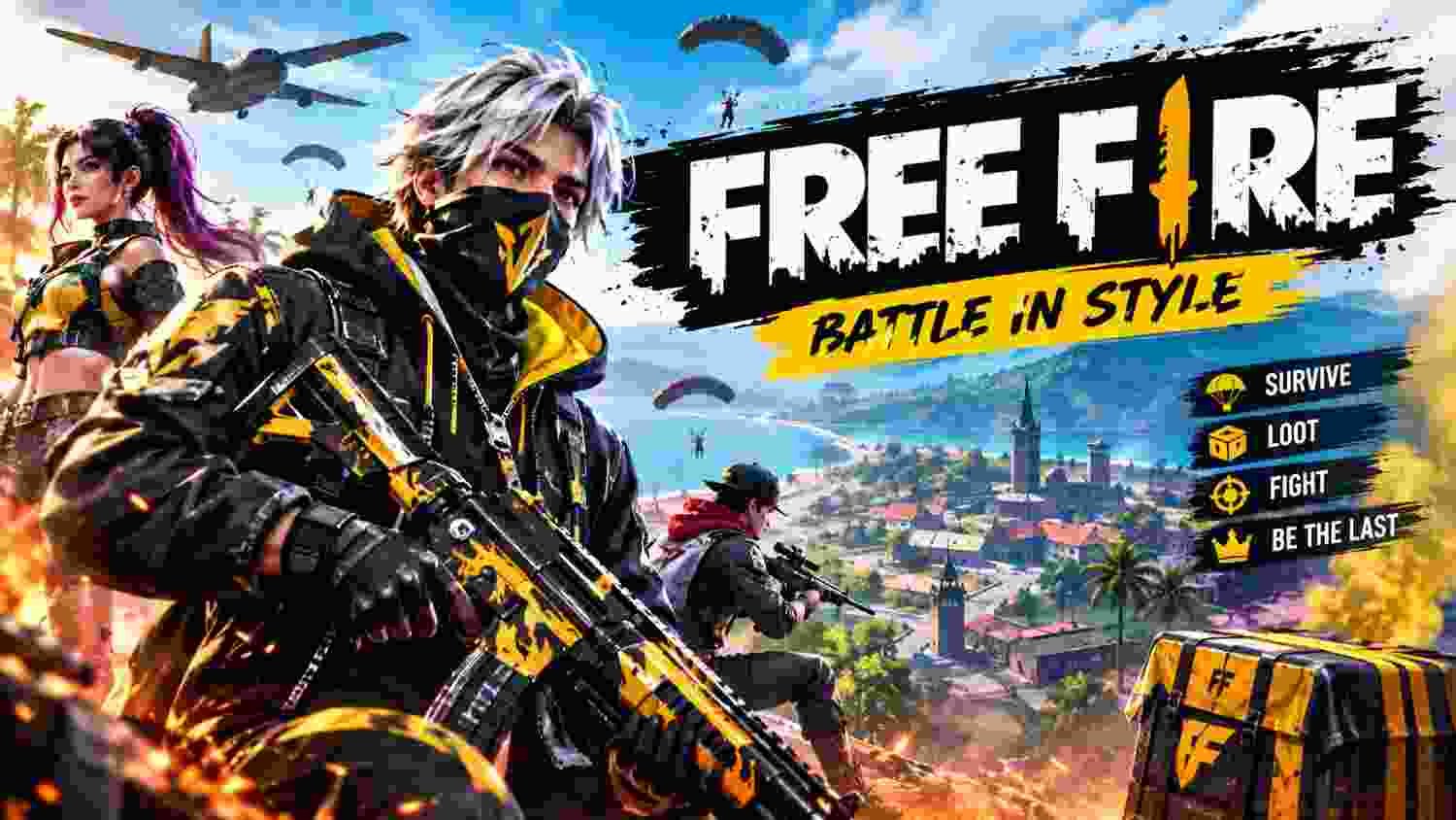 Free Fire battle royale game with characters, weapons, and island battlefield