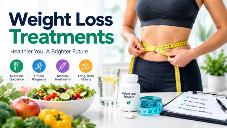 Weight loss treatments featuring fitness, nutrition guidance, a measuring tape, and healthy food.