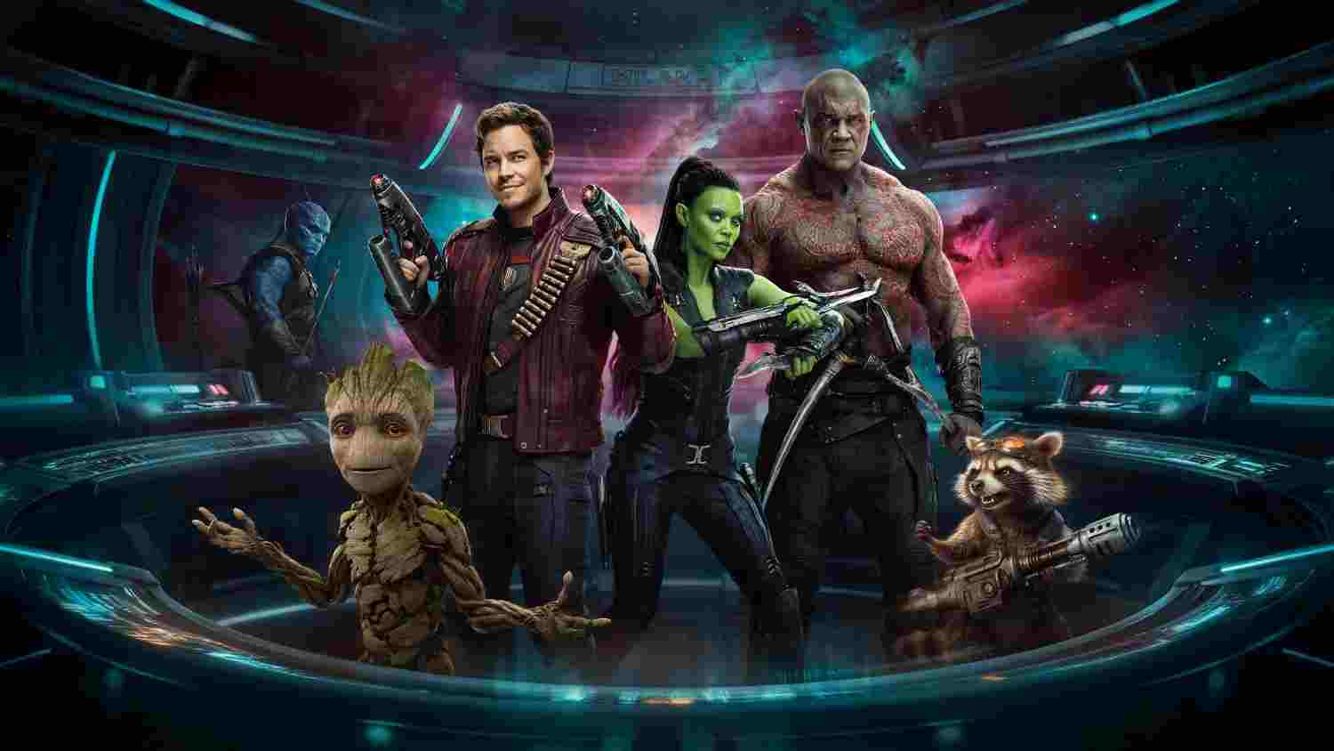 Guardians of the Galaxy team standing together inside a futuristic spaceship surrounded by colorful cosmic lights.