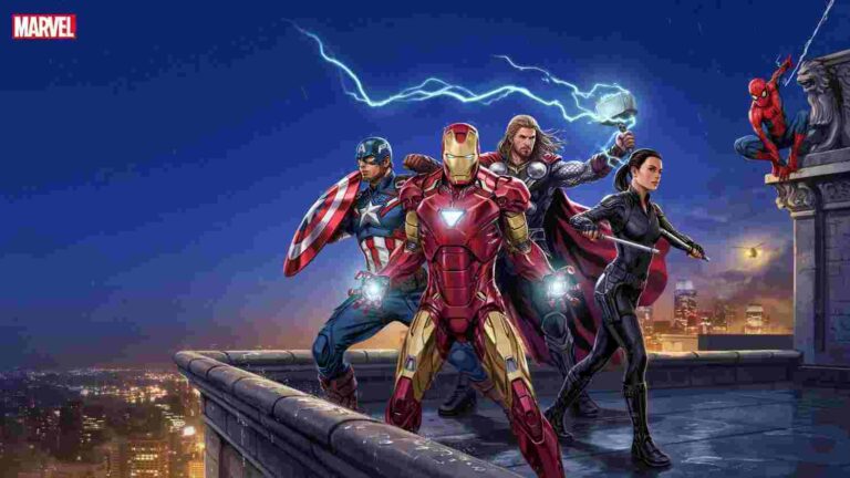 Marvel characters including Iron Man, Captain America, Thor, Black Widow, and Spider-Man on a city rooftop at night.